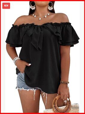 Plus Size Off Shoulder Ruffle Blouse Summer Tie Front Top